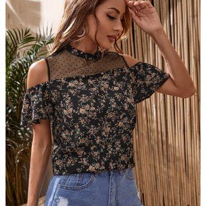 NEW!!! Size 8/10 Cold Shoulder Mesh Yoke Allover Floral Top